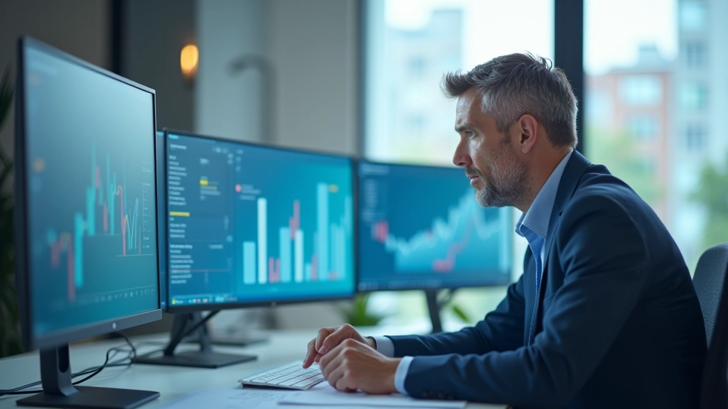 Analista finanziario che esamina grafici e dati di multipli EV/EBITDA su schermo in ufficio moderno