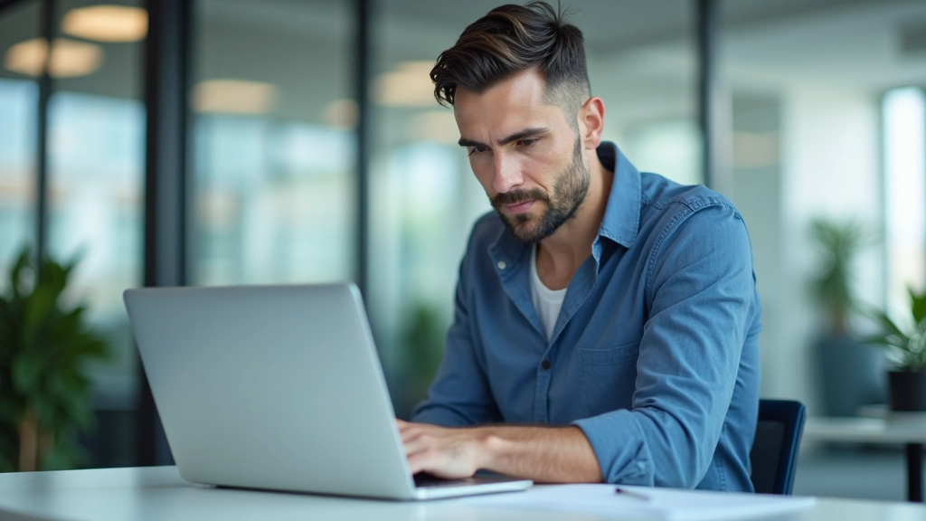 Persona che analizza dati finanziari su laptop in ambiente di ufficio moderno, con documenti e appunti sulla scrivania