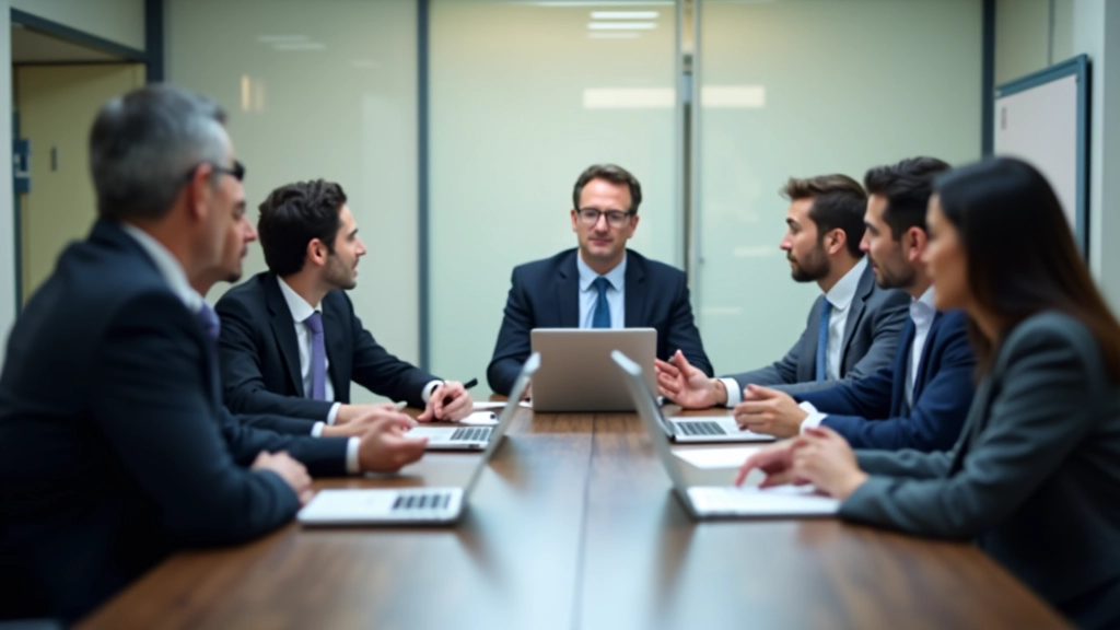 Riunione di analisti attorno a un tavolo con laptop, discussione di strategie di investimento in ambiente professionale