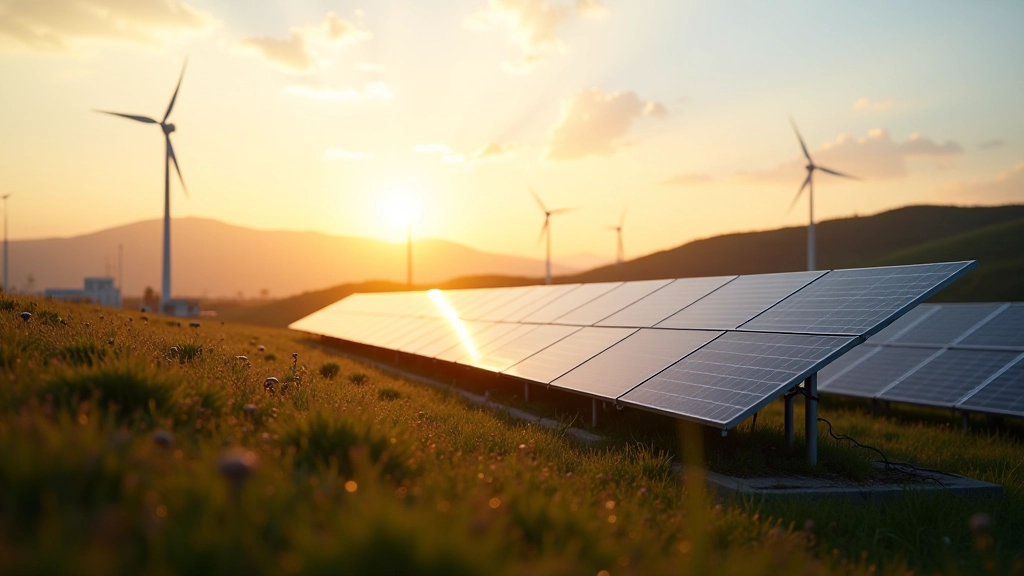 Pannelli solari e turbine eoliche su sfondo di paesaggio naturale, rappresentazione della transizione energetica di Enel