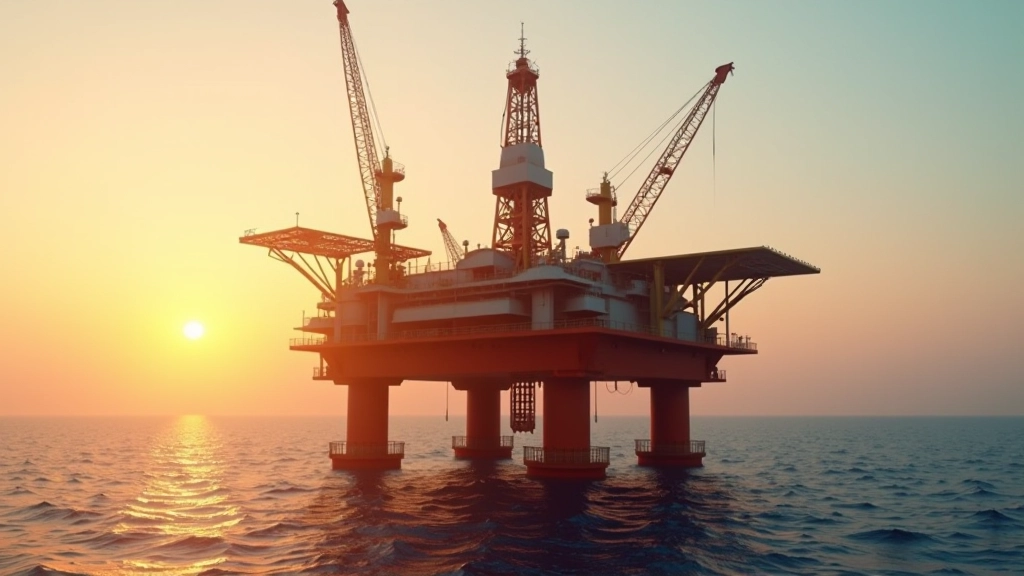 Impianto di estrazione petrolifera offshore con piattaforme in mare, tramonto arancione, tecnologia energetica moderna